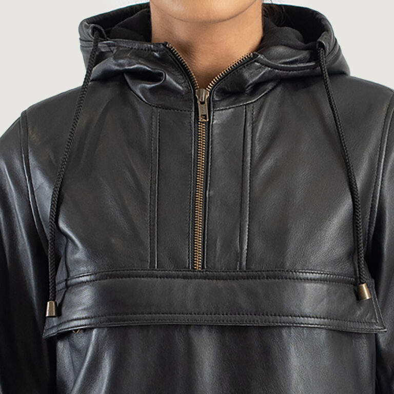 Womens Zest Black Hooded Leather Pullover Jacket Close-Up-9-1691442497419